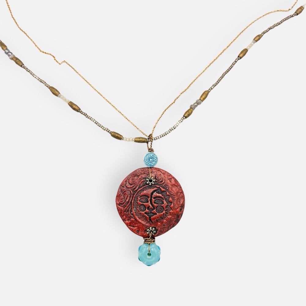 Sun Moon Face Red Clay Necklace Pendant Turquoise Beaded‎ Chain Magnetic